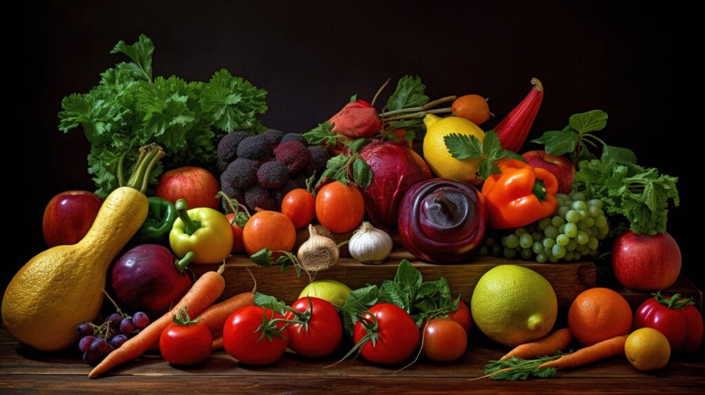 A colourful spread of fresh vegetables, herbs and fruit on a wooden table