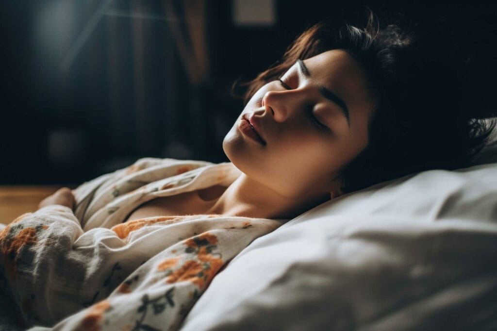 A woman sleeps peacefully in a softly lit bedroom