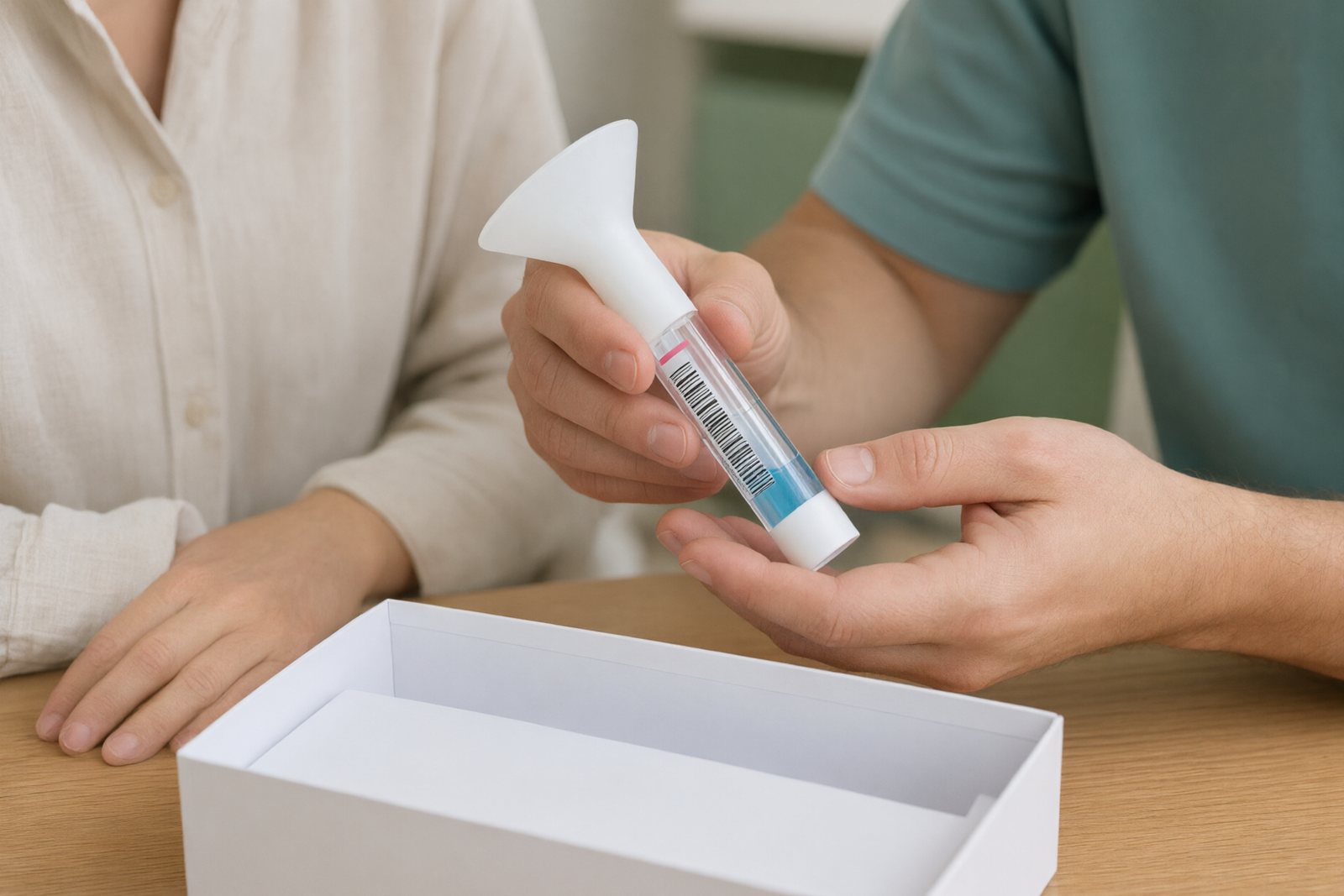 A MyDNA consultant hands a client the saliva DNA collection tube, with the white kit box open on the table