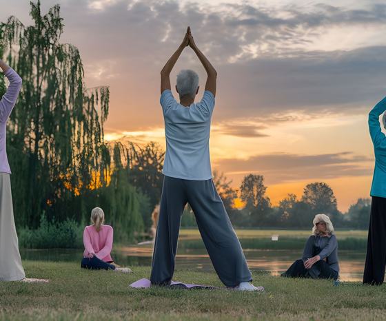 A group doing outdoor yoga beside a lake at sunset