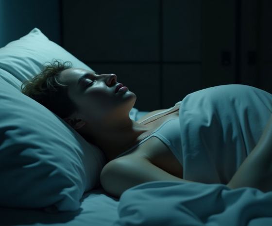 A person sleeping peacefully in a dark bedroom