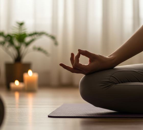 A person meditating on a yoga mat beside candles and a plant