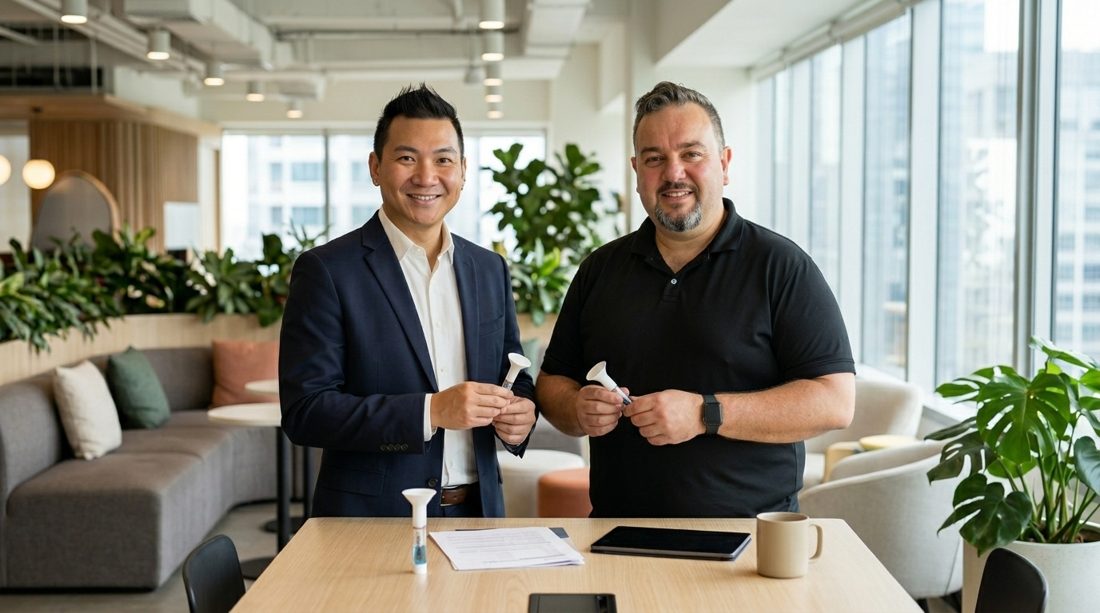 About MyDNA: Andre Ling and Cameron Sutherland, co-founders, holding saliva collection kits